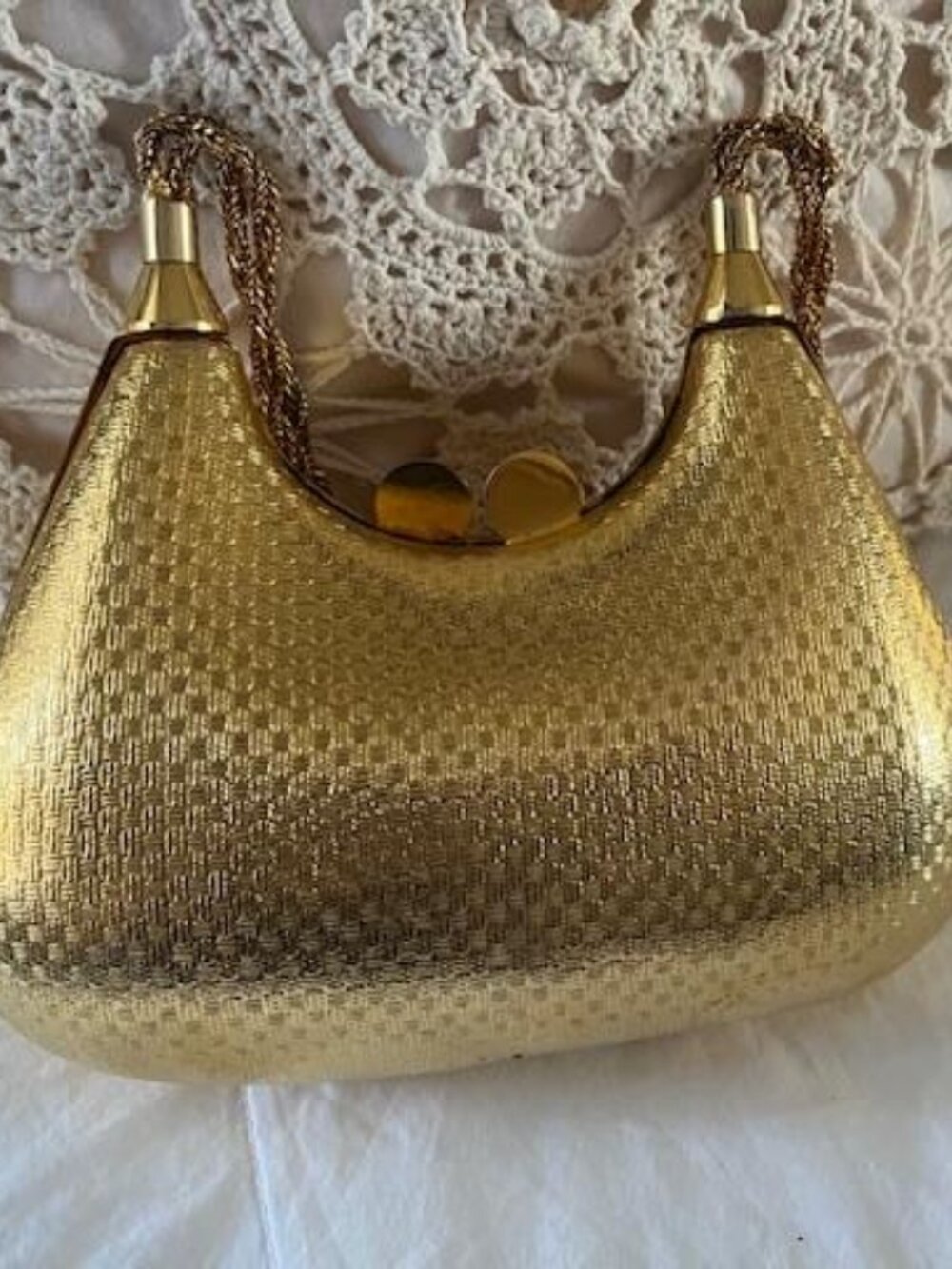 Vintage Hard Gold Lame Bag/Made in Italy/Interior Lining Gold Velvet/Long Strap - Picture 2 of 3